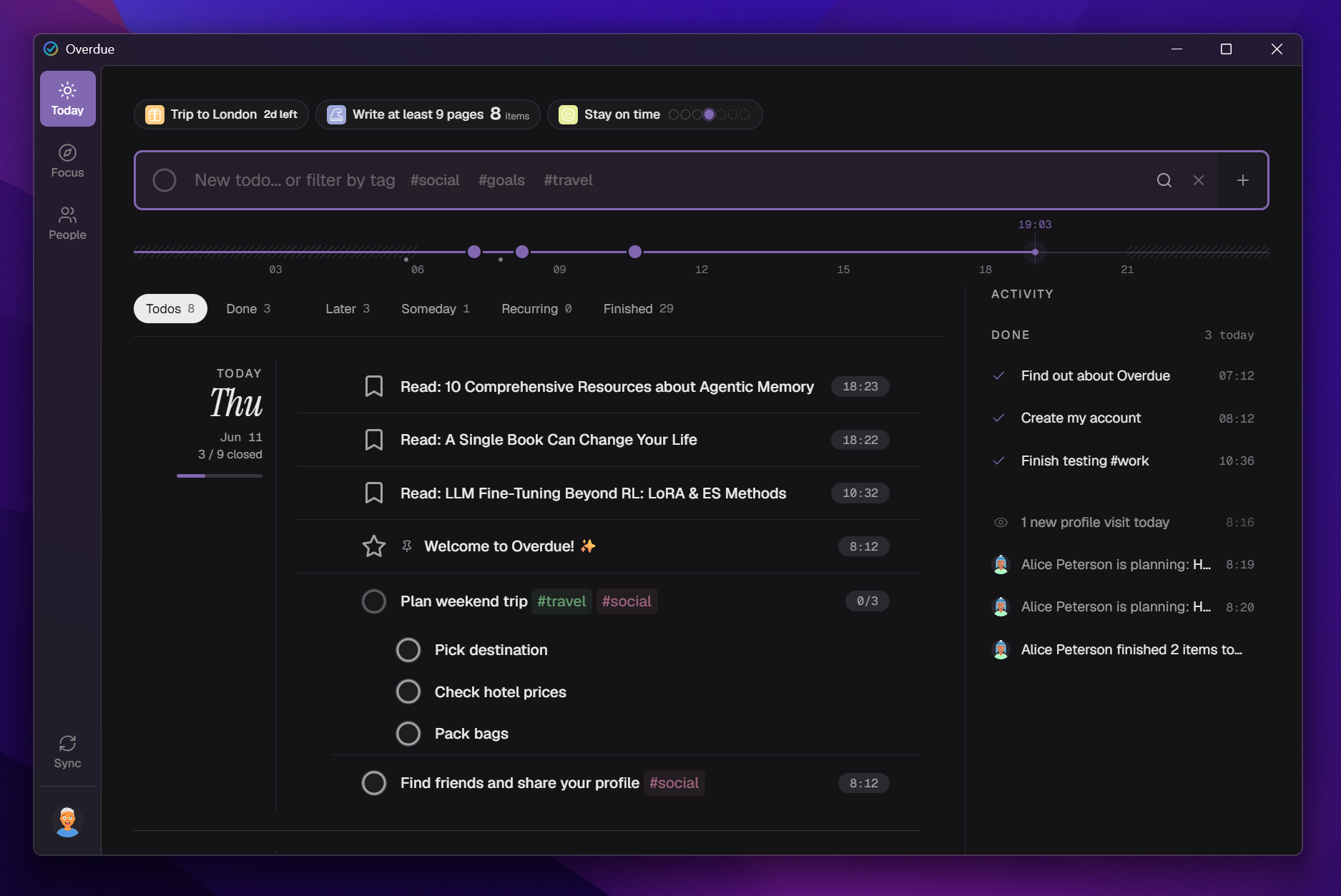 The Overdue desktop app in a native window, dark theme, showing the Today list with goals, timeline, and activity rail
