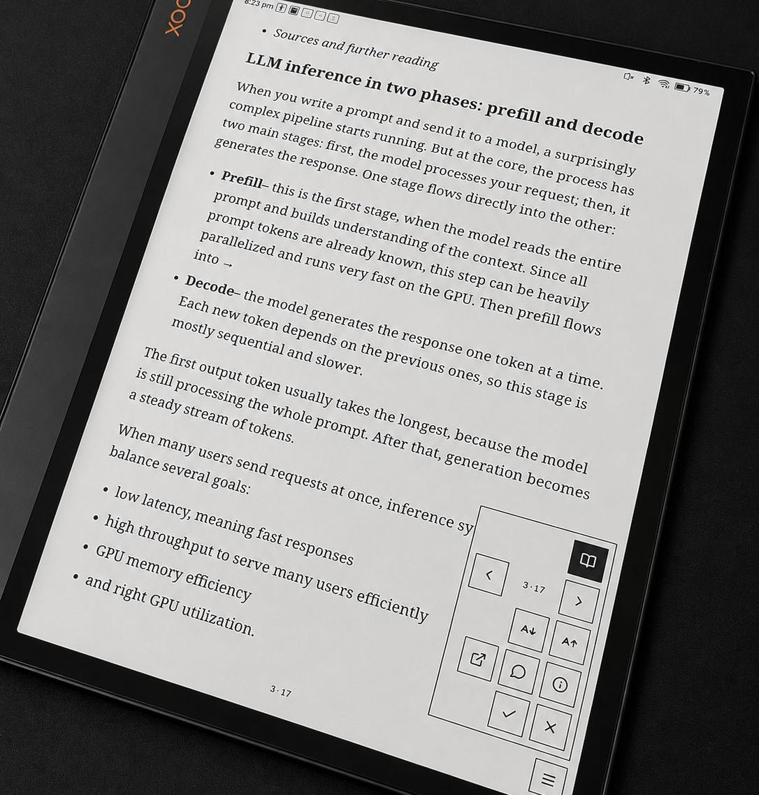 The Overdue reader on an e-ink tablet: a bookmarked article typeset for comfortable reading, with page-turn controls