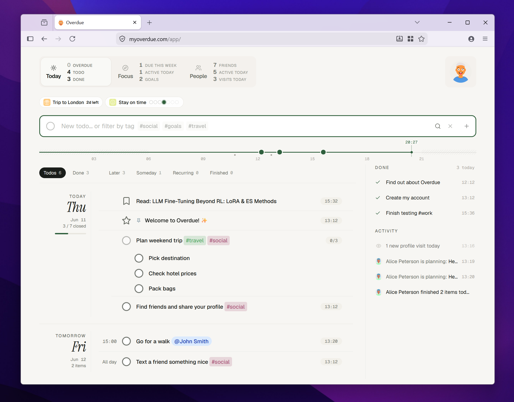 The Overdue Today view in a browser window: a todo list with a live timeline, goals, and a friends activity rail